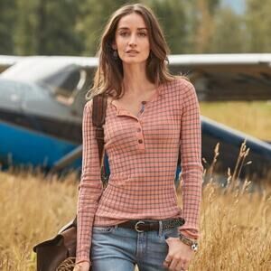 SUNDANCE Living Legends Ribbed Henley Striped Long Sleeve Top Orange Cotton Sz L